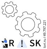 Gears representing processes, person with a laptop symbolizing analytical work, exclamation mark highlighting attention. Ideal for business planning, risk management, process evaluation, data. Risk Management Concept with Gears and Cautious Businesswoman Using Laptop. Стоковая иллюстрация, агентство Ingram Publishing / Фотобанк Лори