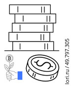 Stacked horizontal books, hand holding plant with Bitcoin sign, large coin with dollar sign. Ideal for education, academia, finance, investment, cryptocurrency, economic growth and business themes. Stacked Books, Dollar Coin, and Bitcoin Growth represented in Simplistic Black and White Art. Стоковая иллюстрация, агентство Ingram Publishing / Фотобанк Лори