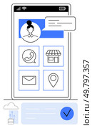 Mobile screen displaying user profile, chat bubble, phone, shop, email, and location icons. Ideal for communication apps, e-commerce business contacts location services networking. Line metaphor. Mobile interface with user profile, contact icons, and location marker for effective communication. Стоковая иллюстрация, агентство Ingram Publishing / Фотобанк Лори
