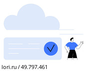 Large cloud above, person pointing, blue checkmark in a rectangle. Ideal for cloud storage, data approval, online security, tech services, successful integration IT support digital workflows. Line. Person Gesturing Towards a Large Cloud with a Checkmark for Cloud Storage Approval. Стоковая иллюстрация, агентство Ingram Publishing / Фотобанк Лори
