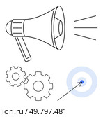 Megaphone emitting sound waves, two gears representing process, and a target with arrow hitting the center. Ideal for marketing, business strategy, goal setting, project management, process. Megaphone with Sound Waves, Gears, and Target with Arrow Symbolizing Communication and Strategy. Стоковая иллюстрация, агентство Ingram Publishing / Фотобанк Лори