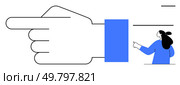 A large hand pointing to the left with a small person pointing in the same direction. The hand is outlined in black, while the person is dressed in blue. Ideal for communication, direction, guidance. Large Hand Pointing Left with a Small Person Mirroring the Gesture in Blue Attire. Стоковая иллюстрация, агентство Ingram Publishing / Фотобанк Лори