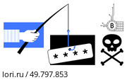 A fishing rod with a hook holds a password, alongside a bitcoin symbol and a skull and crossbones. Ideal for online security, phishing scams, cryptocurrency threats, digital fraud prevention. Cybersecurity Threats Phishing, Cryptocurrency Risks, and Digital Safety. Стоковая иллюстрация, агентство Ingram Publishing / Фотобанк Лори