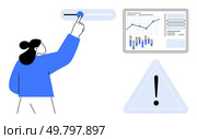 Businesswoman pointing at slider button, data analytics display with graphs and charts, and exclamation warning symbol. Ideal for business presentations, data analysis, settings adjustment, user. Businesswoman Adjusting Settings with Data Analytics Display and Warning Symbol. Стоковая иллюстрация, агентство Ingram Publishing / Фотобанк Лори