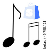 Black musical notes with a blue shopping bag. Ideal for music, shopping, entertainment, online shopping, consumerism. Simple graphic style emphasizes the main elements effectively. Musical Symbols and Shopping Bag Illustration in a Simple Graphic Style. Стоковая иллюстрация, агентство Ingram Publishing / Фотобанк Лори