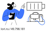 Businesswoman with headset holding clipboard and pointing at battery icon, briefcase on desk. Ideal for business, presentations, technology, office equipment, work-life balance, modern workspaces. Businesswoman with Clipboard Pointing at Battery Icon and Briefcase on Desk During Presentation. Стоковая иллюстрация, агентство Ingram Publishing / Фотобанк Лори