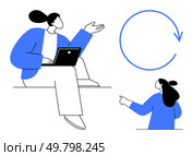 Person using a laptop, arm raised as if discussing or explaining something. Another image shows them pointing at a circulating arrow. Ideal for productivity, digital work, presentations, discussions. Person Working with Laptop and Circulating Arrow Next to Them in Minimalist Style. Стоковая иллюстрация, агентство Ingram Publishing / Фотобанк Лори
