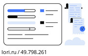 Multiple progress bars and checklists on a digital interface in blue and black with a scroll icon and a checkmark. Ideal for productivity apps project planning performance tracking administrative. Progress Bars and Checklist with Scroll Icon for Task Management and Performance Tracking. Стоковая иллюстрация, агентство Ingram Publishing / Фотобанк Лори