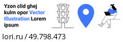 Traffic light with three signals, blue map pin, and woman sitting with laptop. Ideal for navigation, education, urban planning, technology, connectivity, online learning, information dissemination. Traffic Light, Map Pin, and Woman with Laptop - Elements for Online Education and Navigation Themes. Стоковая иллюстрация, агентство Ingram Publishing / Фотобанк Лори