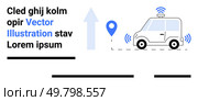 Self-driving car with sensors, GPS marker, and upward arrow symbolizing navigation and tech advancements. Ideal for tech, transportation, smart cities, innovation, GPS, autonomy, mobility. Landing. Self-Driving Car with GPS Marker and Upward Arrow for Navigation and Technology Concept. Стоковая иллюстрация, агентство Ingram Publishing / Фотобанк Лори