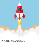 Space rocket flies out of clouds. Successful business start and technology. Startup launch online. New innovation project development idea, rocket ship symbol of success and power, spaceship flight. Space rocket flies out of clouds. Successful business start and technology. Startup launch online. Стоковая иллюстрация, агентство Ingram Publishing / Фотобанк Лори