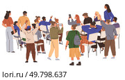 A mix of individuals sits and stands around, some taking photos and videos, indicating a shared experience or event. Ideal for business networking, educational workshops, seminars, social gatherings. Group of Diverse People at a Seminar or Meeting. Стоковая иллюстрация, агентство Ingram Publishing / Фотобанк Лори