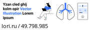 Person using laptop, lungs diagram, and smart speaker icon. Ideal for telecommuting, health monitoring, voice command tech, home automation, remote work, medical tech, digital devices. Landing page. Remote Work, Health, and Technology Themes with a Person Using Laptop, Lungs Diagram, and Smart Speaker. Стоковая иллюстрация, агентство Ingram Publishing / Фотобанк Лори
