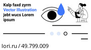 Eye with a tear drop, doctor pointing at clipboard, random placeholder text Kalp faxd zyrm and Lorem ipsum. Ideal for medical websites, healthcare presentations, ophthalmology topics, doctor. Eye with Tear Drop and Doctor Pointing at Clipboard With Random Text. Стоковая иллюстрация, агентство Ingram Publishing / Фотобанк Лори