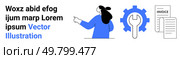 Businesswoman pointing at text with gear, wrench, and document icons. Ideal for finance, invoicing, business solutions, tech support, document management, financial services, online tools. Banner. Businesswoman pointing at text, gear with wrench, and document, representing invoicing and finance management. Стоковая иллюстрация, агентство Ingram Publishing / Фотобанк Лори