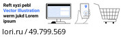 Monitor, smartphone with location icon, and shopping cart symbolize digital communication, online shopping, and connectivity. Ideal for tech presentations, e-commerce, mobile apps, online marketing. Digital Communication and E-commerce Concepts with Devices and Shopping Cart Iconography. Стоковая иллюстрация, агентство Ingram Publishing / Фотобанк Лори