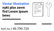 Blueprint layout featuring a wrench icon and a document with placeholder text. Ideal for technical manuals, business reports, educational content, DIY guides, construction, engineering, and software. Blueprint Document with Text and Wrench Icon for Technical and Business Concepts. Стоковая иллюстрация, агентство Ingram Publishing / Фотобанк Лори