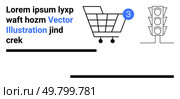 Shopping cart with notification badge, traffic light, and placeholder text. Ideal for e-commerce, web design, online shopping, minimalism, modern UI, alerts, navigation elements. Landing page. Shopping Cart with Notification and Traffic Light Illustration for E-commerce and Web Design. Стоковая иллюстрация, агентство Ingram Publishing / Фотобанк Лори