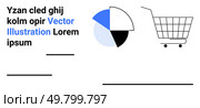 Shopping cart illustration next to a colorful pie chart. Ideal for e-commerce, business analytics, online shopping, data visualization, marketing, sales reports, and financial assessments. Banner. Abstract Shopping Cart and Pie Chart Elements for Business and E-commerce Themes. Стоковая иллюстрация, агентство Ingram Publishing / Фотобанк Лори