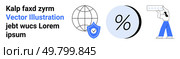 Globe, security shield, percentage symbol, and person holding message. Ideal for business, technology, security, finance, communication, education web design Landing page. Global Connections, Security, Percentages, User Interaction Text Elements. Стоковая иллюстрация, агентство Ingram Publishing / Фотобанк Лори