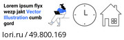 Laptop user, clock, and house vector emphasize remote work, productivity, and time management. Ideal for freelancing, work-life balance, home office setup, scheduling, digital nomad, telecommuting. Home Office Productivity Efficient Remote Work with Clock and Laptop Elements. Стоковая иллюстрация, агентство Ingram Publishing / Фотобанк Лори