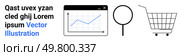 Graph with upward trendline on mobile screen, magnifying glass, shopping cart, lorem ipsum placeholder text. Ideal for business analysis, data visualization, retail, research, market study, training. Graph on mobile device screen, magnifying glass and shopping cart icons next to sample placeholder text. Стоковая иллюстрация, агентство Ingram Publishing / Фотобанк Лори