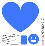 Blue heart above outstretched hand, happy face nearby. Ideal for themes of love, care, support, kindness, empathy, giving and happiness. Line metaphor. Outstretched Hand with Blue Heart and Happy Face, Symbolizing Care, Love, and Support. Стоковая иллюстрация, агентство Ingram Publishing / Фотобанк Лори