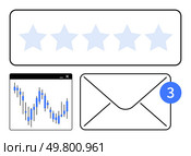 Five-star rating bar, stock market chart in a window, and email envelope with three new notifications. Ideal for business analysis, customer satisfaction, finance, marketing, communication. Customer Feedback, Stock Market Chart, and Email Notification Icon with Three Unread Messages. Стоковая иллюстрация, агентство Ingram Publishing / Фотобанк Лори