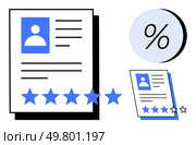 Employee performance review document, rating stars, and percentage icon. Ideal for HR evaluations, performance tracking, employee feedback, annual reviews, company assessments, productivity analysis. Employee Performance Review with Rating Stars and Percentage Icon in Blue and Black Theme. Стоковая иллюстрация, агентство Ingram Publishing / Фотобанк Лори