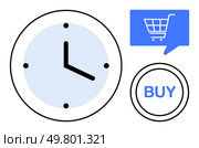 Clock icon with black hands on blue background, blue speech bubble with shopping cart, and BUY button. Ideal for e-commerce, online shopping, urgency marketing, sales promotion, business timing. Clock showing time with shopping cart icon and BUY button emphasizing e-commerce timing. Стоковая иллюстрация, агентство Ingram Publishing / Фотобанк Лори