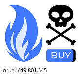 Gas flame next to skull and crossbones with a blue buy button. Ideal for danger signs, cautionary messages, consumer safety, online shopping risks, hazardous materials, warnings, and public awareness. Gas Flame, Skull and Crossbones, and Buy Button - Conceptualizing Hazardous Purchases. Стоковая иллюстрация, агентство Ingram Publishing / Фотобанк Лори