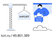 Simplistic image with a crane hoisting a container labeled Import while a person holds a Cashback sign from a webpage. Ideal for business, logistics, construction, finance, e-commerce. Flat design. Import Industry and Cashback Incentives with Construction Crane and Online Transaction. Стоковая иллюстрация, агентство Ingram Publishing / Фотобанк Лори