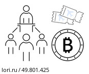 Four people in a hierarchy structure, Bitcoin symbol, and airplane tickets represent collaboration, cryptocurrency, travel, technology, business expansion, global connectivity, modern business. Hierarchical Team Structure with Bitcoin Symbol and Airplane Tickets Representing Modern Business Concepts. Стоковая иллюстрация, агентство Ingram Publishing / Фотобанк Лори