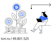 Woman working on laptop while sitting next to growing financial symbols and coins, representing investment growth and business success. Ideal for finance, investment success, digital nomads, business. Digital Nomad Working with Laptop and Growing Financial Investments Demonstrating Business Growth. Стоковая иллюстрация, агентство Ingram Publishing / Фотобанк Лори