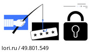 Hand holding fishing rod with password symbol, sleek black padlock, lines indicating activity. Ideal for cybersecurity, online protection, phishing awareness, data security, information safety. Hand holding fishing rod with password, sleek padlock symbolizing cybersecurity and phishing protection. Стоковая иллюстрация, агентство Ingram Publishing / Фотобанк Лори