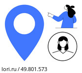 Blue map pointer, female figure pointing right and woman avatar inside black circle. Ideal for navigation, geolocation, social media, user identification, female character illustration. Simple. Blue Map Pointer with Female Icons for Navigation and Identification. Стоковая иллюстрация, агентство Ingram Publishing / Фотобанк Лори