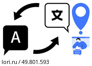 Two speech bubbles with letters indicating translation between languages, a location marker signifying place, and a small figure highlighting cashback offers. Ideal for translation services, travel. Language Translation Concept with Location Marker and Cashback Illustration. Стоковая иллюстрация, агентство Ingram Publishing / Фотобанк Лори