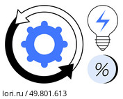 Gear with rotational arrows signifies workflow and process, light bulb symbolizes ideas and innovation, percentage for statistical relevance. Ideal for technology, engineering, business strategy. Gear with Directional Arrows, Light Bulb, and Percentage Symbol Representing Innovation and Efficiency. Стоковая иллюстрация, агентство Ingram Publishing / Фотобанк Лори