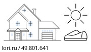 Modern two-story house with a garage, large windows, and adjoining section under a bright sun with a boat. Ideal for real estate, home ownership, family life, outdoor living, seasonal themes, energy. Modern two-story house with garage, shining sun, and detached garage accents outdoor lifestyle. Стоковая иллюстрация, агентство Ingram Publishing / Фотобанк Лори