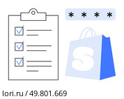 A clipboard with a checklist, a password field with asterisks, and a shopping bag. Ideal for online retail, security, to-do lists, shopping, and organization. Simple and modern style. Shopping Checklist with Password Security Concept and Online Retail Themes. Стоковая иллюстрация, агентство Ingram Publishing / Фотобанк Лори