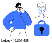 A man with a puzzled expression, a graphical representation of facial recognition on another face, and a padlock. Ideal for security, technology, biometric authentication, digital identity, and data. Man Thinking About Facial Recognition and Security. Стоковая иллюстрация, агентство Ingram Publishing / Фотобанк Лори