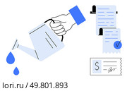Hand holding a watering can pouring drops. Nearby are documents with checkmarks and financial statements. Ideal for business growth, investment, management, finance, organization, productivity. Hand Holding Watering Can with Documents and Financial Statements. Стоковая иллюстрация, агентство Ingram Publishing / Фотобанк Лори