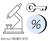 Microscope, key, and percentage symbol against a white background. Ideal for scientific research, data security, financial analysis, mathematics, education, technology, and academic presentations. Microscope, Key, and Percentage Symbol Representing Analysis, Security, and Quantitative Data. Стоковая иллюстрация, агентство Ingram Publishing / Фотобанк Лори