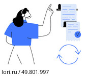 Person pointing to a long checklist, signaling task completion and organization. Ideal for project management productivity checking tasks business administration and workflow optimization. Simple. Person Pointing to Documents with Checklist, Emphasizing Process Improvement and Task Management. Стоковая иллюстрация, агентство Ingram Publishing / Фотобанк Лори