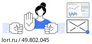 Businesswoman signaling stop with hand gesture, flanked by two fists, with financial graph, computer screen and envelope. Ideal for conflict resolution, office communication, business ethics. Businesswoman Signaling Stop with Hand Gesture amidst Financial Graph, Computer Screen and Envelope. Стоковая иллюстрация, агентство Ingram Publishing / Фотобанк Лори