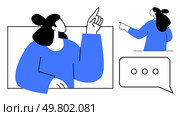 Minimalist drawing of a person wearing blue, pointing upwards and to the side, accompanied by a speech bubble with three dots. Ideal for communication, discussion, dialogue, interaction, education. Person Gesturing and Speech Bubble Illustration for Communication and Discussion Themes. Стоковая иллюстрация, агентство Ingram Publishing / Фотобанк Лори