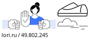 Woman raising hand to stop two clenched fists from fighting, with tranquil shoe and cloud to the side. Ideal for conflict resolution, peace promotion, workplace harmony, anti-violence campaigns. Woman Stopping Conflict with Hand Gesture Amid Two Fists and Peaceful Shoe and Cloud Symbol. Стоковая иллюстрация, агентство Ingram Publishing / Фотобанк Лори