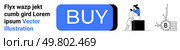 Blue BUY button centered, person sitting and using smartphone, Bitcoin symbol, minimalistic design. Ideal for e-commerce, online shopping, digital wallets, fintech, mobile apps, cybersecurity. Modern Online Shopping Concept with Large Buy Button and Person Using Smartphone. Стоковая иллюстрация, агентство Ingram Publishing / Фотобанк Лори