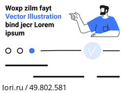 Bearded man pointing right, placeholder text, circles, lines, and checkmark. Ideal for tutorials, presentations, websites, infographics, apps, marketing materials social media posts Landing page. Animated Guide with Man Pointing, Text Elements, and Checkmark. Стоковая иллюстрация, агентство Ingram Publishing / Фотобанк Лори