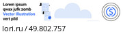 Cloud icon with two stacked documents and verify icon on left side, dollar coin symbol on right. Ideal for finance, cloud storage, file management, data security, tech services, documentation. Cloud Computing with Document Management and Financial Analytics. Стоковая иллюстрация, агентство Ingram Publishing / Фотобанк Лори
